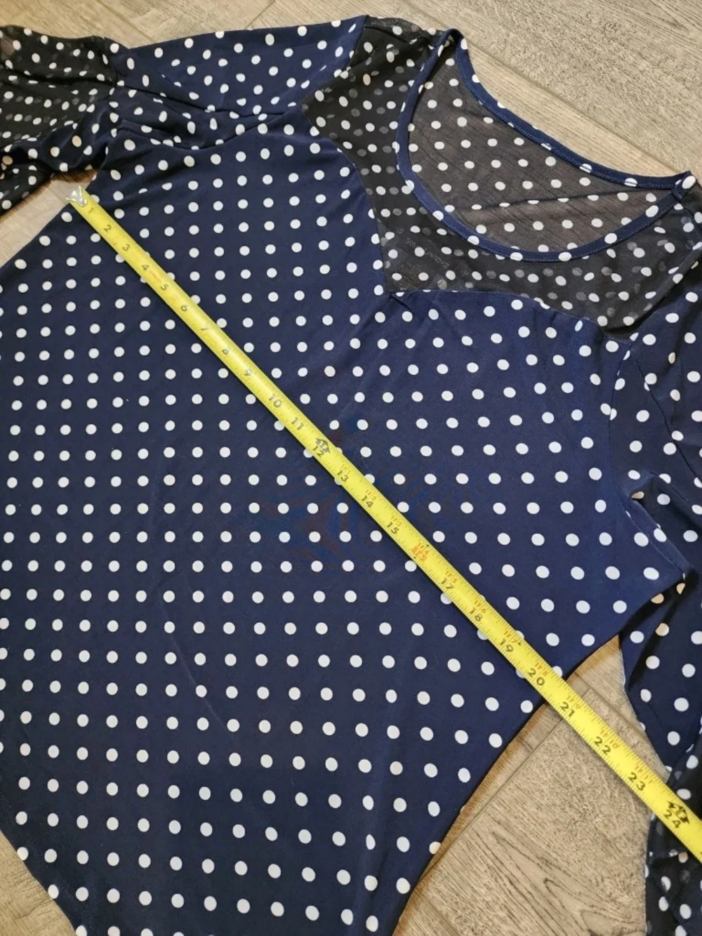 Susan Lawrence Womens Navy Blouse White Polka Dot Flare 3/4 Sleeve Size XL Sheer